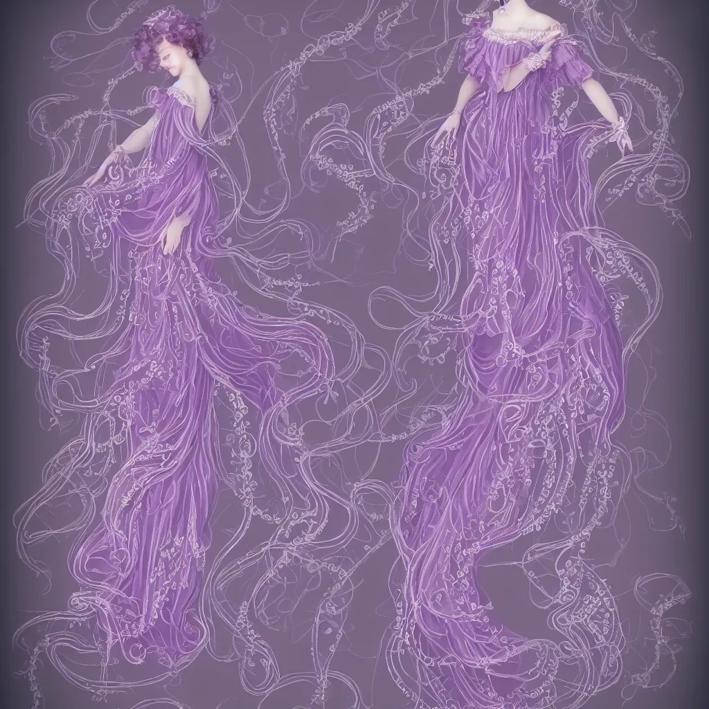 Image similar to purple dress design in the style of rococo,Victorian era,jellyfish element,dreamy, soft,Backlight ,luminescence,highly detailed,8k