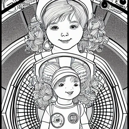 Prompt: clean simple line art of a cute little girl with short white wavy curly hair. she is dressed as an astronaut. no background. well composed, clean coloring book page, beautiful detailed face. coloring book line art by artgerm and greg rutkowski and johanna basford and alphonse mucha