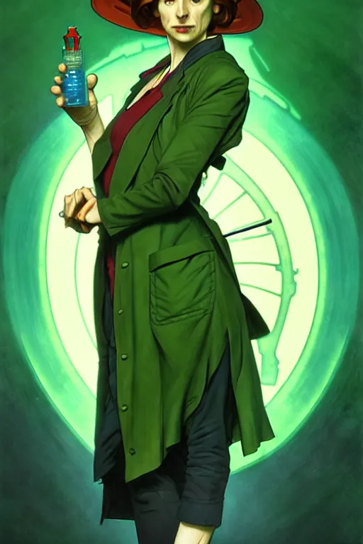 Image similar to doctor who, woman, as a mad dentist, on a plain green background, art by artgerm and greg rutkowski and alphonse mucha