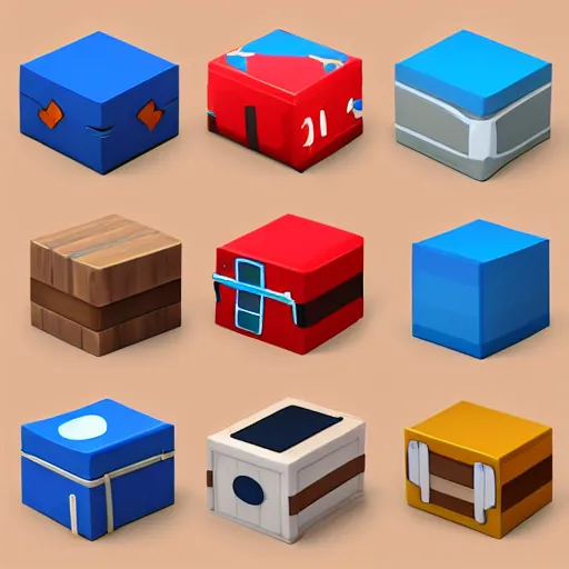 Prompt: cubby crate 3 d icons for mobile game, stylized, blue scheme, octane render