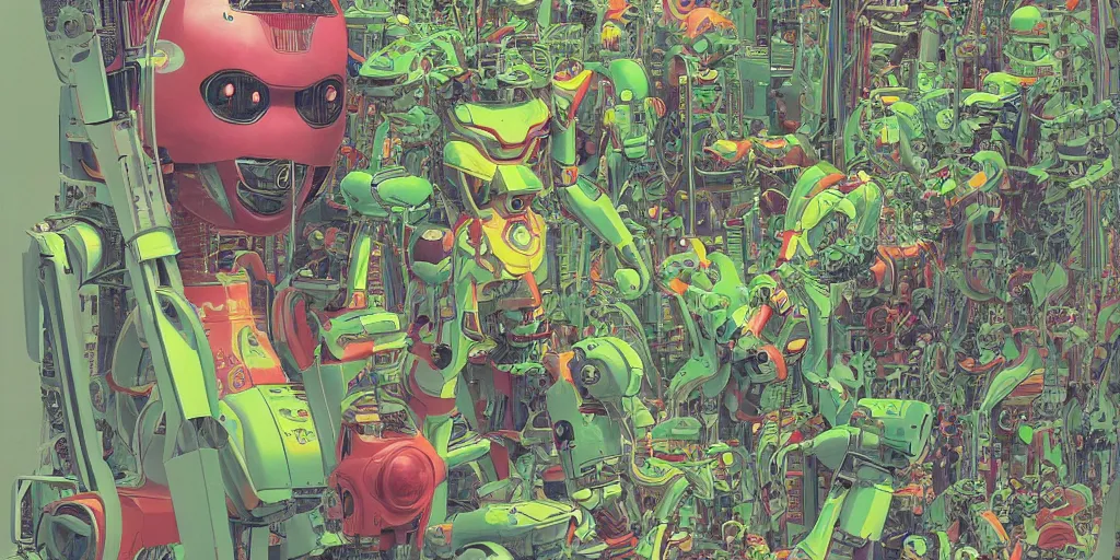 Prompt: gigantic robotic transparent robots with lasers with human faces catch tiny robots, a lot of exotic plants around, big human faces everywhere, helicopters and tremendous birds, risograph by satoshi kon and moebius, no text!, matte bright colors, surreal design, super - detailed, a lot of tiny details, fullshot