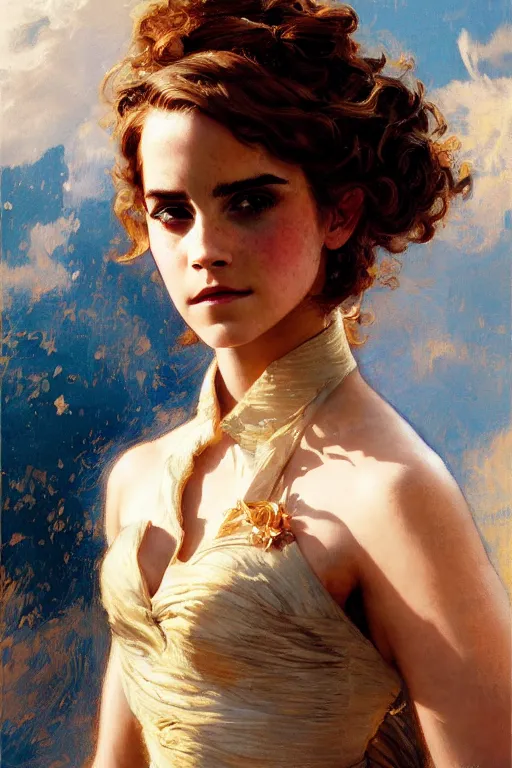 Prompt: emma watson manelbrot fightsuit gaston bussiere craig mullins j. c. leyendecker curly updo