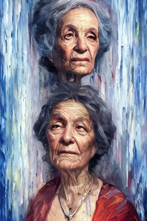 Image similar to palette knife oil painting portrait of ariadne, a mysterious spiritual guide who is a chain smoking old lady in an ashen trench coat. extreme detail, any racial background, artstation trending, artgerm, deviant art, octane, substance, art history 8 k