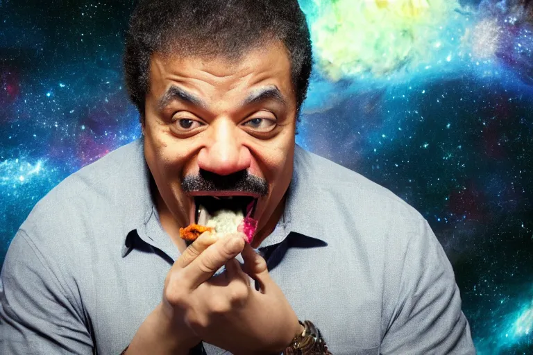 Prompt: a cinematic still of neil degrasse tyson ferociously eating a galaxy, (octane render, nvidia raytracing demo), masterpiece, (monster), (empty black void)