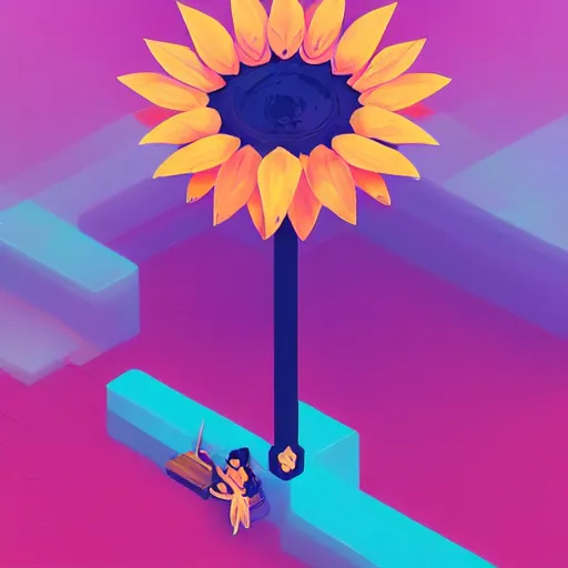 Image similar to beautiful digital sunflower in stunning pick sea, pink and blue scheme, isometric, by Anton Fadeev and Simon Stalenhag, trending on artstation