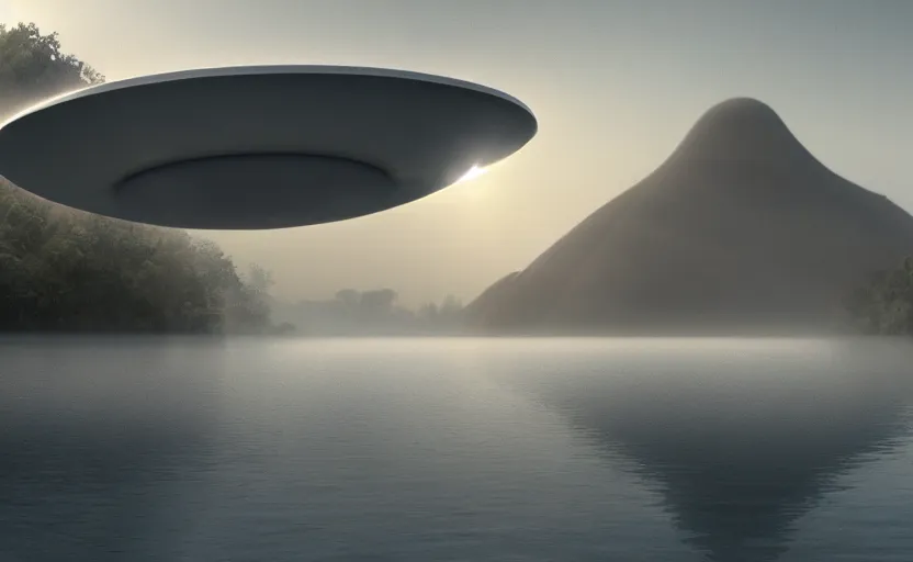 Image similar to a strange lake directed by charlie kaufman ( 2 0 0 1 ) anamorphic lenses, a ufo flying saucer in the sky above, foggy volumetric light morning, a beam of light from the heavens, cinematic trending on artstation in the style of greg rutkowski