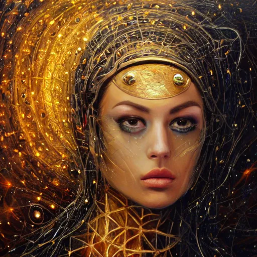 Image similar to angry beautiful Goddess of life with a veil, dark Goddess of artificial intelligence creating an artificial neural network with gold synapses on an anvil with her hammer, high resolution, award winning art, trending on art station, sharp image, incredibly detailed, detailed character, realistic painting, hyper-realistic painting, coherent painting, master piece by ramon y cajal