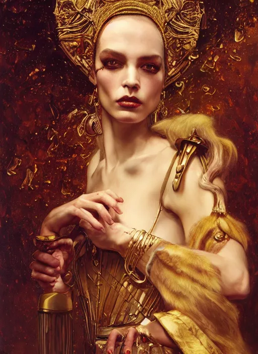 Prompt: highly detailed oil painting | very intricate | cinematic lighting | award - winning | witch pythoness fashion by alexander mcqueen | by roberto ferri, by tom bagshaw, by j. c. leyendecker and klimt, american romanticism, by austin osman spare, artstation, cgsociety, official art, octane