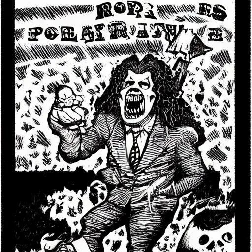 Image similar to a Pop Wonder scary horror themed goofy-hilarious-character r-Crumb, dime-store-comic drawn with charcoal and pen and ink, half-tone-line-stacking