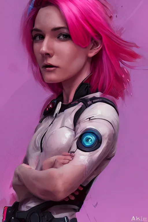 Image similar to a portrait of an attractive female sci fi pilot with pink hair, bangs, playful, grinning, illustration by aleksei vinogradov, trending on artstation