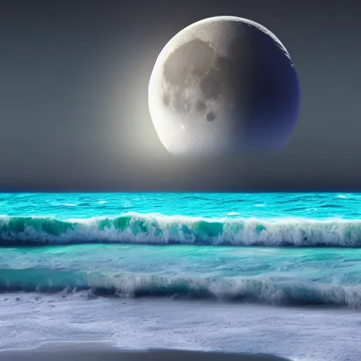 Prompt: the moon melting into the ocean at night, incredibly detailed realistic digital art, wispy vapors rising from the waves