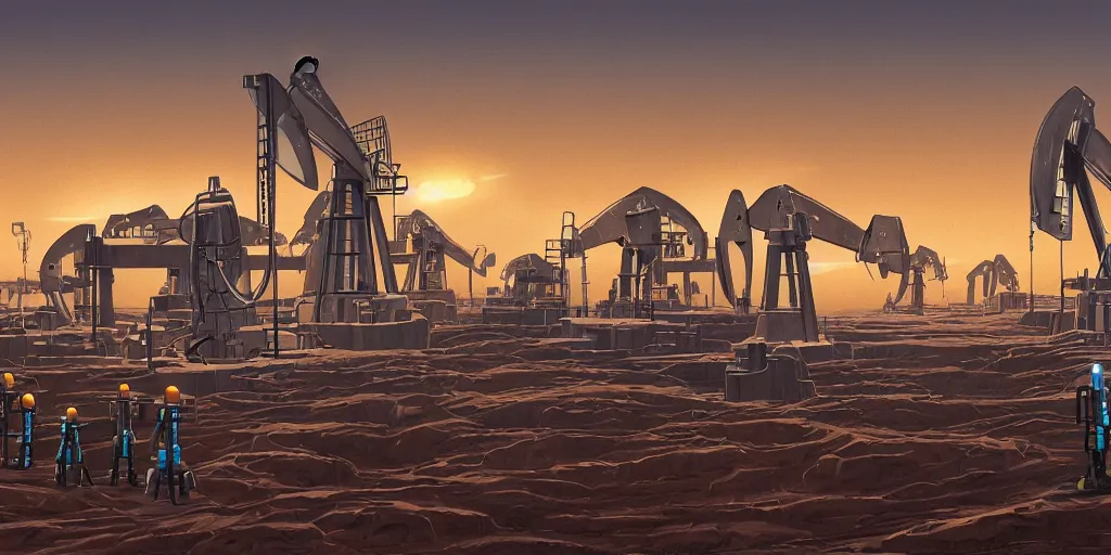 Prompt: oil field landscape with robots working in style of ralph mcquarrie, concept art, highly detailed