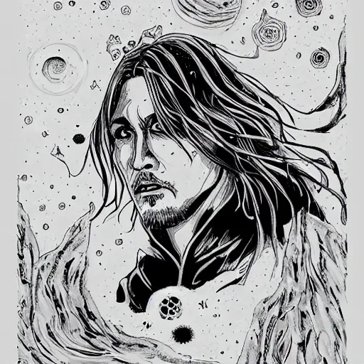 Image similar to black and white pen and ink!!!!!!! Johnny Depp x Ryan Gosling wearing cosmic space robes made of stars final form flowing royal hair golden!!!! Vagabond!!!!!!!! floating magic swordsman!!!! glides through a beautiful!!!!!!! Camellia flower battlefield dramatic esoteric!!!!!! Long hair flowing dancing illustrated in high detail!!!!!!!! by Moebius and Hiroya Oku!!!!!!!!! graphic novel published on 2049 award winning!!!! full body portrait!!!!! action exposition manga panel black and white Shonen Jump issue by David Lynch eraserhead and beautiful line art Hirohiko Araki!! Rossetti, Millais, Mucha, Jojo's Bizzare Adventure