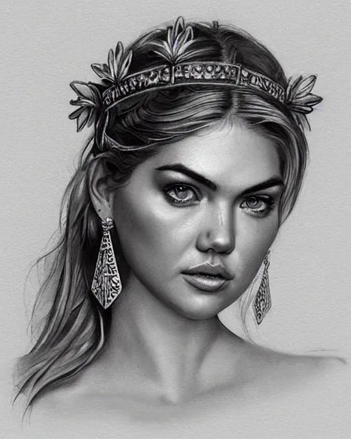 Prompt: realism tattoo sketch of kate upton as a beautiful greek goddess aphrodite with piercing eyes wearing a laurel wreath and triangle earrings, in the style of greg rutkowski, amazing detail