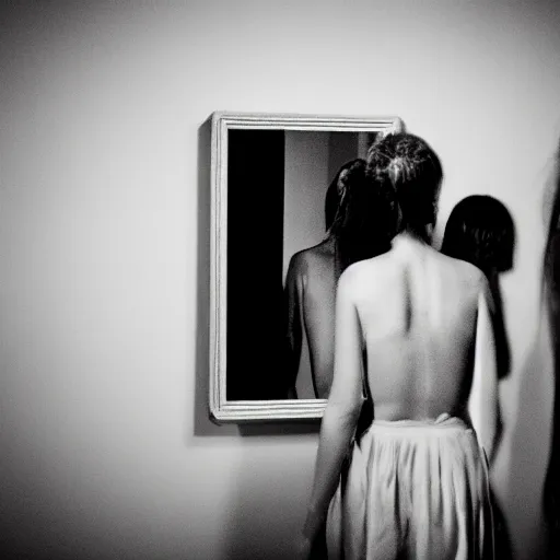 Prompt: a beautiful woman is frightened by her ugly doppleganger in a mirror. she is in a long hallway of mirrors. haunting atmosphere, dimly lit, dark, horror style, realistic, 3 5 mm lens, low angle, 3 / 4 view.