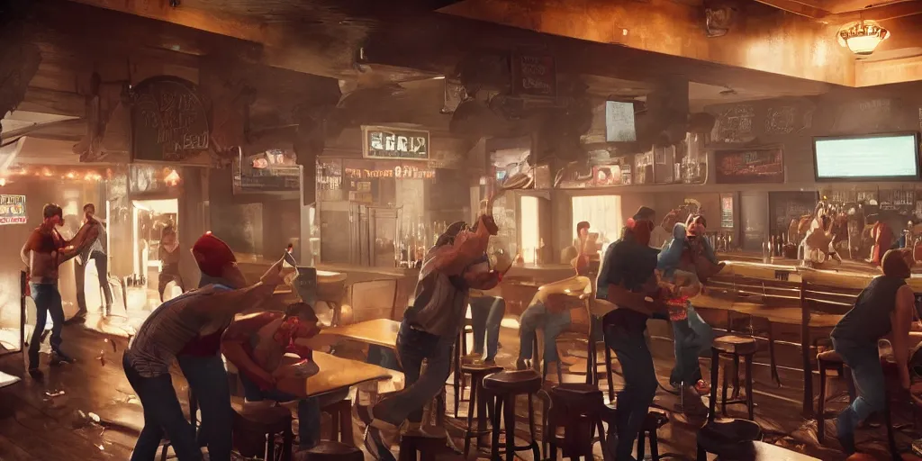 Prompt: a bar fight inside a pub between nerds and dorks, 4k, hyperrealism, photorealistic, crisp details, wide angle lens, octane render, caustics