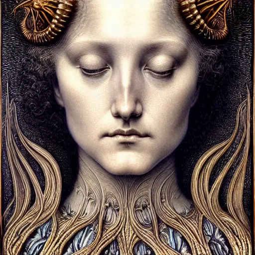 Image similar to detailed realistic beautiful young medieval queen face portrait by jean delville, gustave dore, iris van herpen and marco mazzoni, art forms of nature by ernst haeckel, art nouveau, symbolist, visionary, gothic, pre - raphaelite