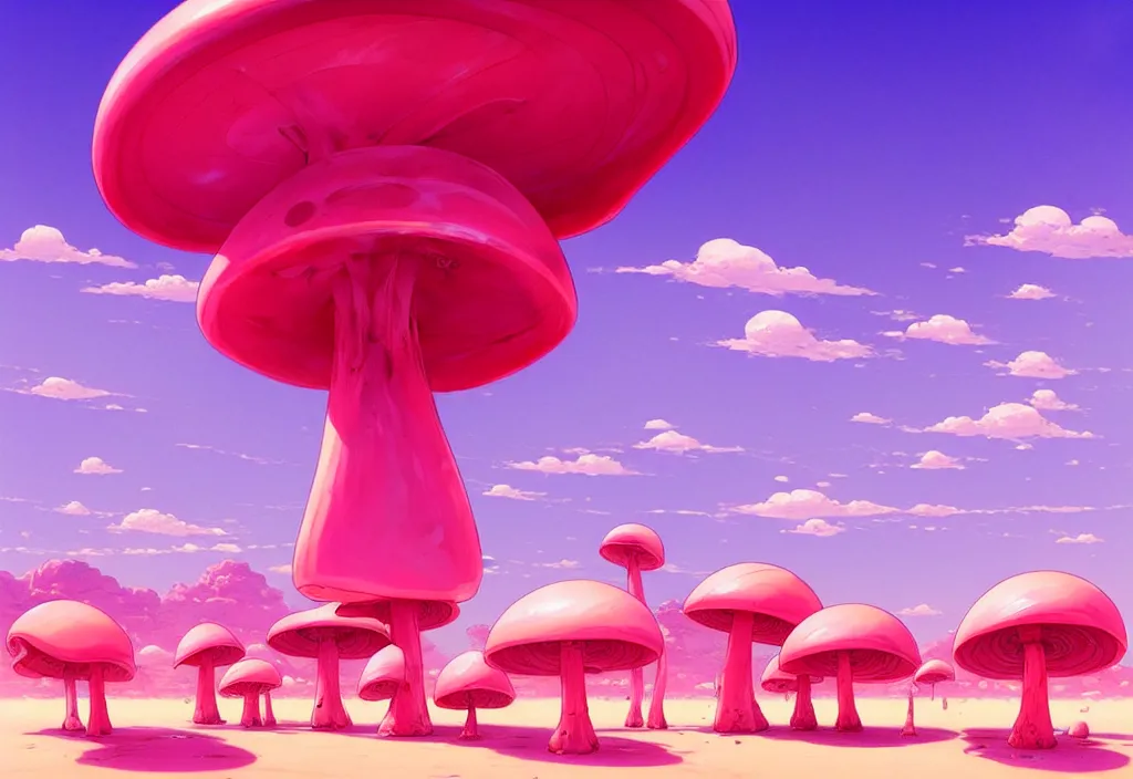 Prompt: futuristic giant pink mushrooms in a desert, intricate oil painting, high detail illustration, sharp high detail, manga and anime 1 9 9 9, official fanart behance hd artstation by jesper ejsing and makoto shinkai, 4 k,