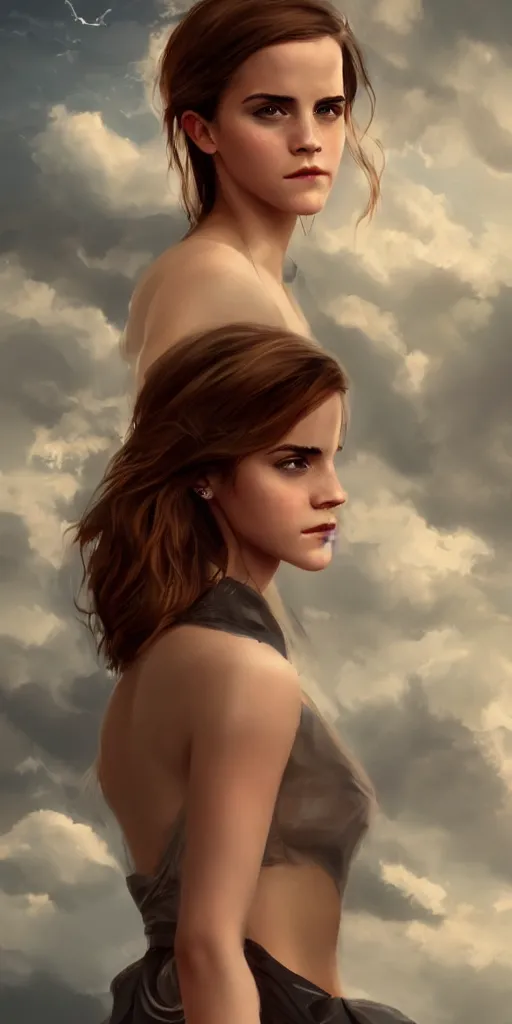 Prompt: emma watson by wlop. artstation contest winner, cinematic paint. lower shot. dramatic cloud in background.