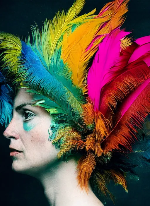 Image similar to a woman's face in profile, made of exotic colourful feathers, in the style of the Dutch masters and Gregory Crewdson, dark and moody