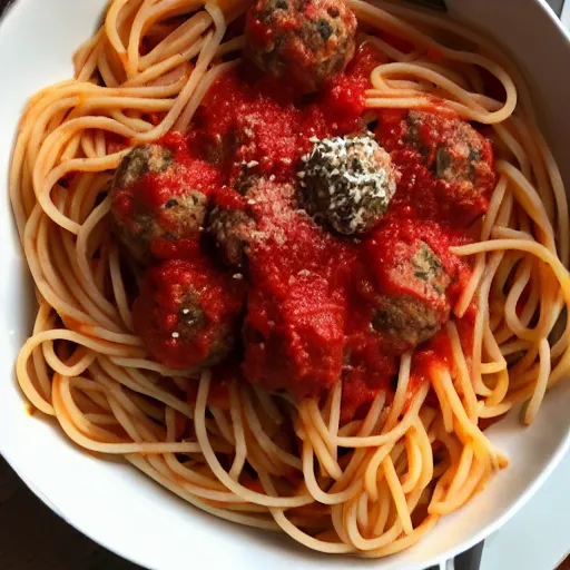 Prompt: spaghetti and meatballs going sicko mode