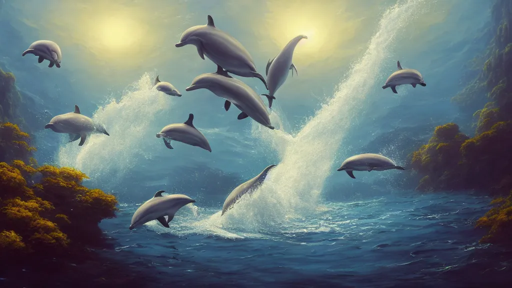 Image similar to dolphins swimming underwater, harmony, peaceful, amazing, by andreas rocha and john howe, and Martin Johnson Heade, featured on artstation, featured on behance, golden ratio, ultrawide angle, f32, well composed