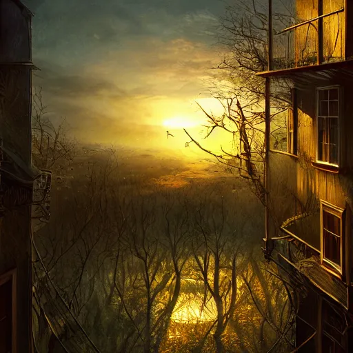 Prompt: view from window, sunset, high detail, dramatic light, digital art, painted by seb mckinnon, trending on artstation