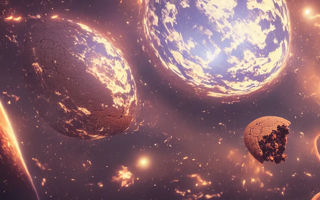 Image similar to A highly detailed 4k render of a gigantic chocolate chip cookie drifting through space towards planet earth, CGSociety, ArtStation, Unreal Engine