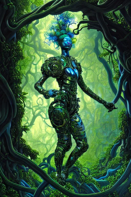 Image similar to hyperrealistic neo - baroque super expressive! black woman with exoskeleton armor, merging with tree in a forest, highly detailed digital art masterpiece smooth cam de leon hannah yata dramatic pearlescent blue green light ground angle hd 8 k sharp focus