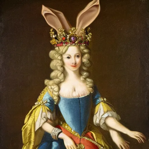 Image similar to a rabbit dressed as a queen wearing a crown, 18th century oil painting