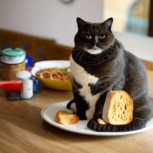 Image similar to obese cat sitting next to a slice of toast with indomie mi goreng noodles on top