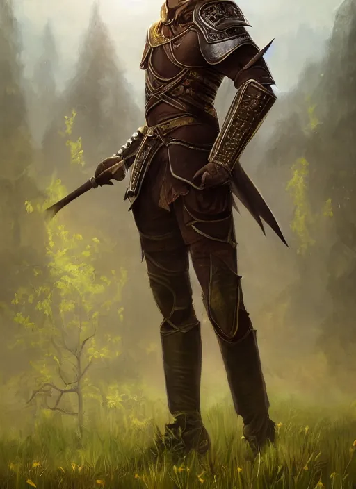 Prompt: A fantasy portrait painting of a male elf wearing leather armor on a beautiful meadow, DAZ, hyperrealistic, ambient light, dynamic light, trending on artstation, d&d, RPG portrait