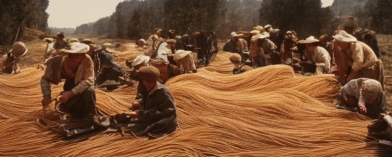 Image similar to wide shot harvesting spaghetti during the gold rush, no faces, intricate, sigma 5 0 mm, cinematic lighting, photography, wes anderson, film, kodachrome