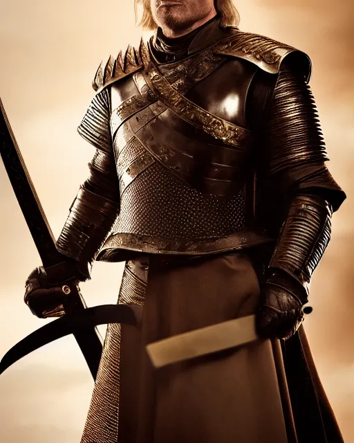 Image similar to jaime donald trump lannister holding a sword, lord commander of the kingsguard, the kingslayer, medium shot, highly detailed, hyperrealism, octane render