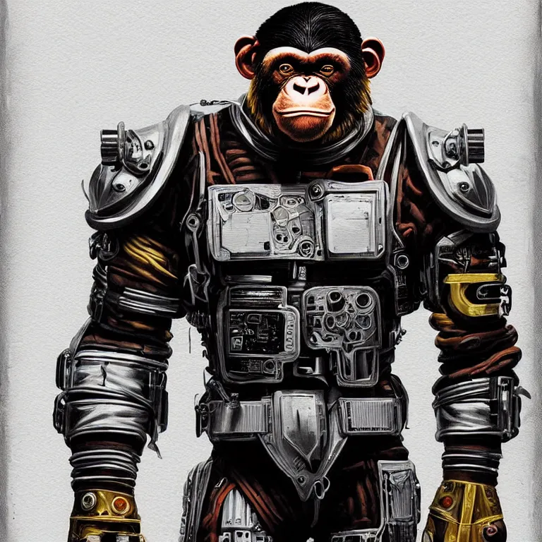 Image similar to a portrait of a muscular anthropomorphic cyberpunk chimp in spacesuit armor with ensignia on chest plate by sandra chevrier, by jon foster, detailed render, pistol in holster, extremely hyperdetailed, tape deck, epic composition, cybernetics, 4 k realistic, cryengine, realistic shaded lighting, sharp focus, masterpiece, by enki bilal