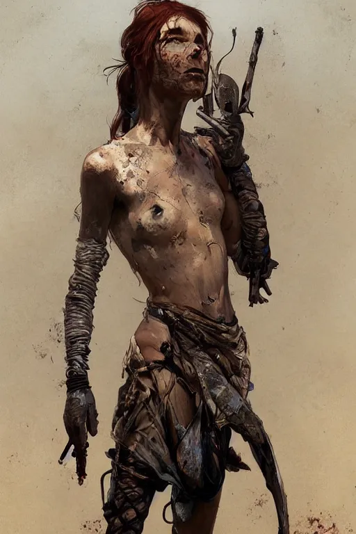 Image similar to a full body portrait of a beautiful post apocalyptic offworld slavers district bedouin blind pulp fiction scarlet wild rogue barbarian leper begging by the roadside, intricate, elegant, highly detailed, digital painting, artstation, concept art, smooth, sharp focus, illustration, art by krenz cushart and artem demura and alphonse mucha