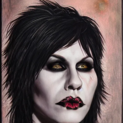 Prompt: portrait of Joan Jett as the Goddess of all Goths, detailed, 8k, cinematic, beautiful art portrait, dark fantasy atmosphere, hyper realism, photorealistic