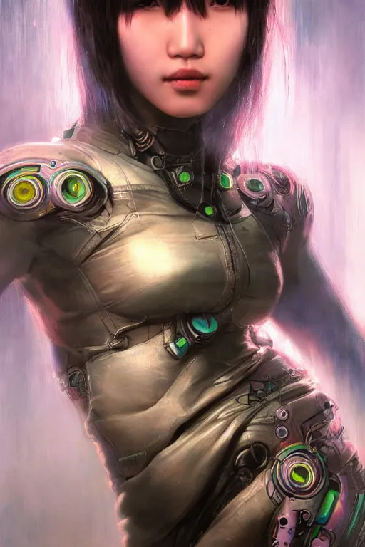 Prompt: stunning highly detailed portrait of a beautiful asian female cyberpunk, soft lighting, pastel neon colors, oil on canvas, strong lighting, by Greg Staples, HD, 4K