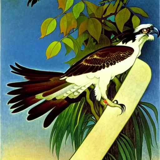 Prompt: An osprey by Henri Rousseau and Alphonse Mucha.