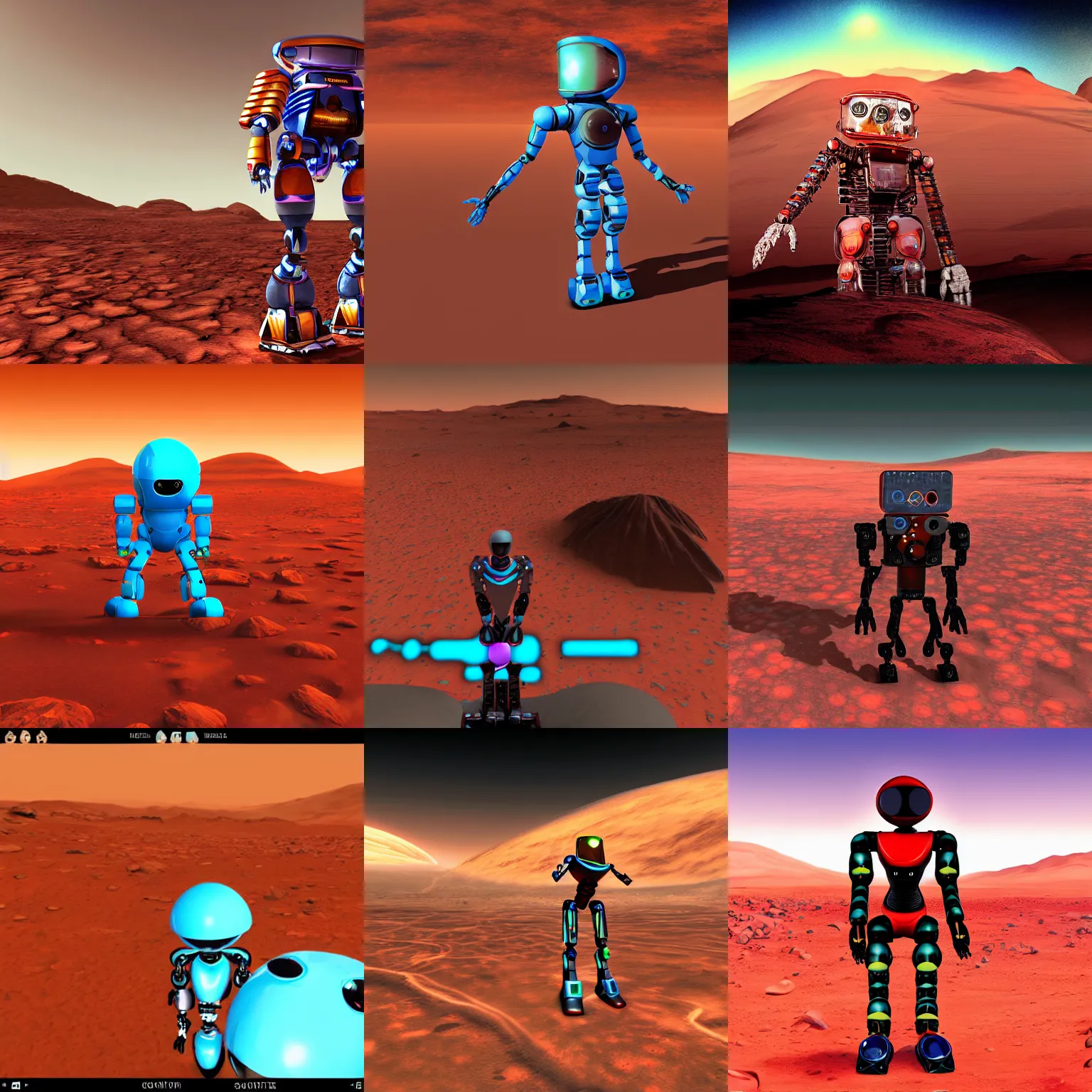 Prompt: humanoid robot on mars, videogame screenshot, digital art, vibrant colors, awesome