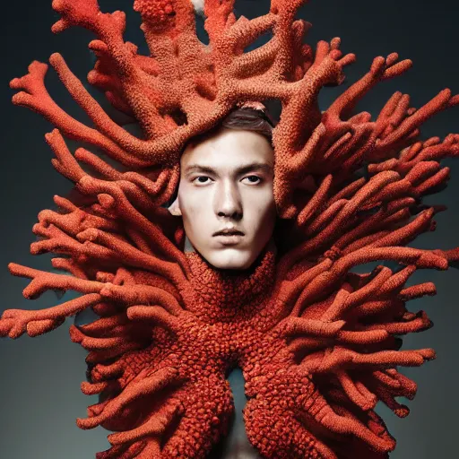 Prompt: a portrait of a beautiful young male wearing an alexander mcqueen armor made of coral reef , photographed by andrew thomas huang, artistic