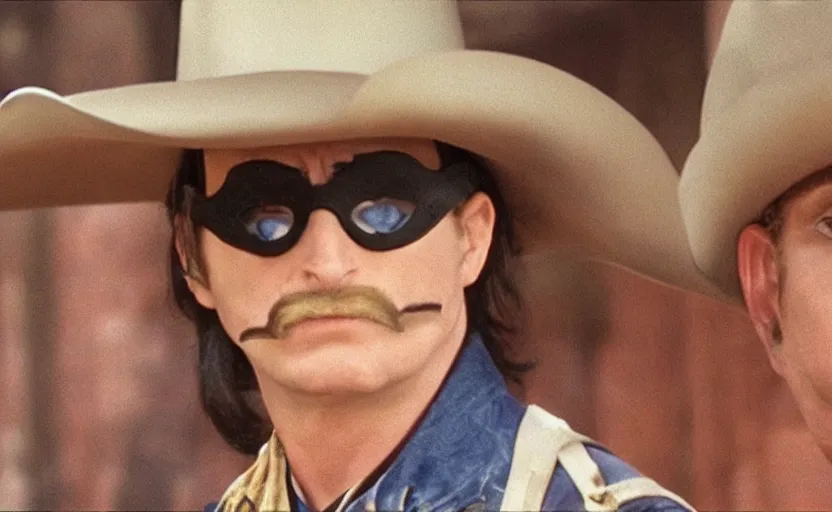 Prompt: screenshot of Tim Robinson the Lone Ranger disguise, 1990s tv show, Walker Texas Ranger cinematography, hyper-detailed, sharp, kodak color, 4k