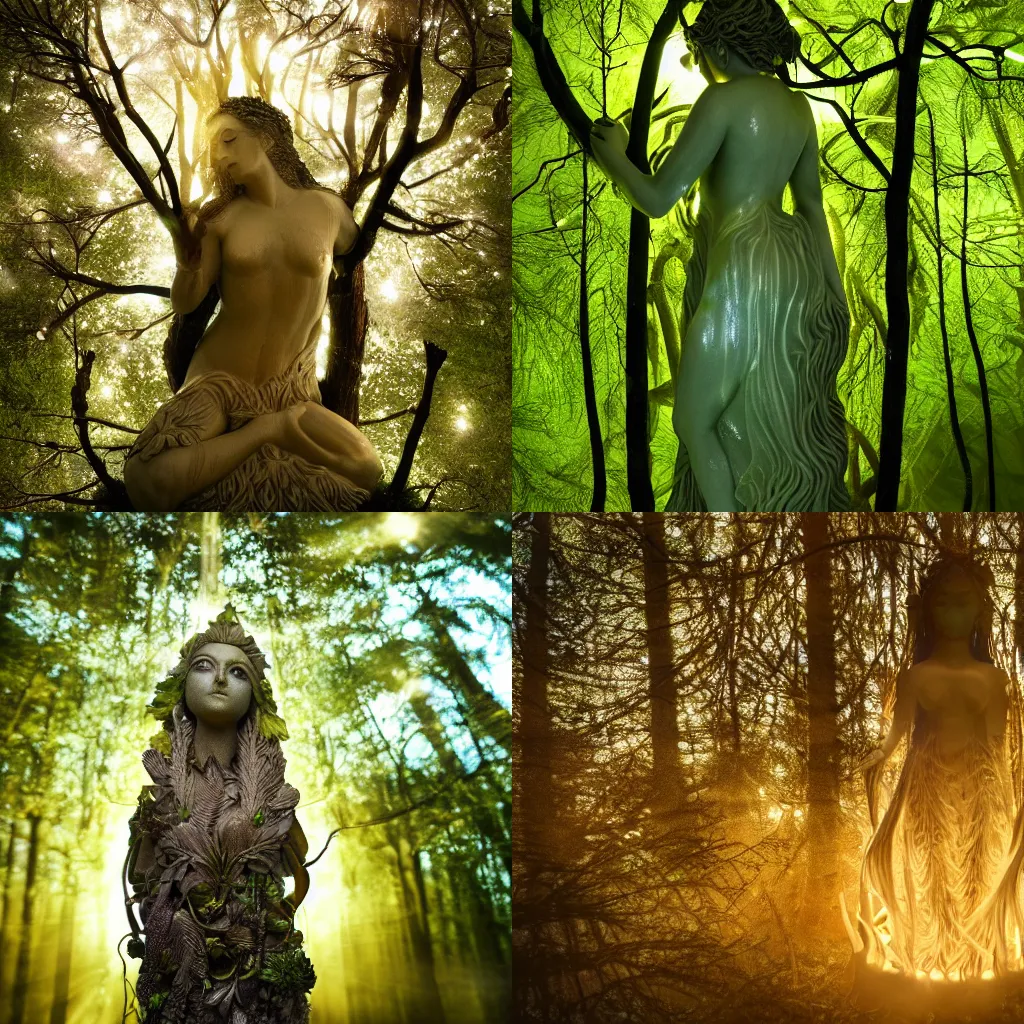 Prompt: Dream of the Forest Goddess, light through branches in the deep forest, illuminated female deity statue in a clearing, intricate, highly detailed, beautiful lighting, light fog, 8k