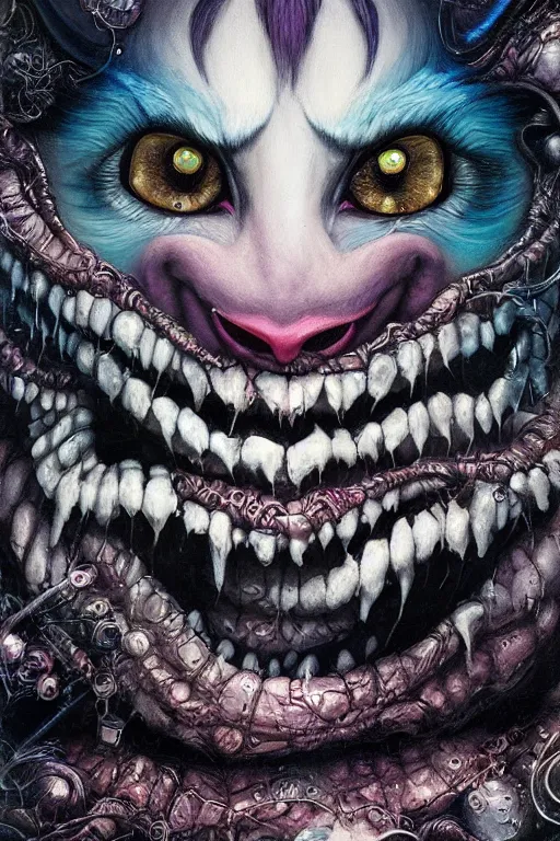 Prompt: dream portrait of Cheshire Cat from Alice in Wonderland,full character, melting ,8k,by tristan eaton,Stanley Artgermm,Tom Bagshaw,Greg Rutkowski,Carne Griffiths, Ayami Kojima, Beksinski, Giger,trending on DeviantArt,face enhance,hyper detailed,minimalist,cybernetic, android, blade runner,full of colour