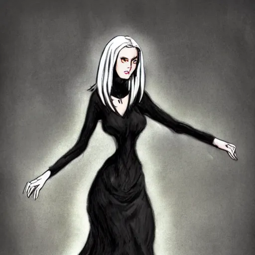 Image similar to tall slender woman with long grey hair in a black dress walking out of a swamp, concept art, high resolution, high quality, highly detailed, digitally painting, elaborate, by ec comics,