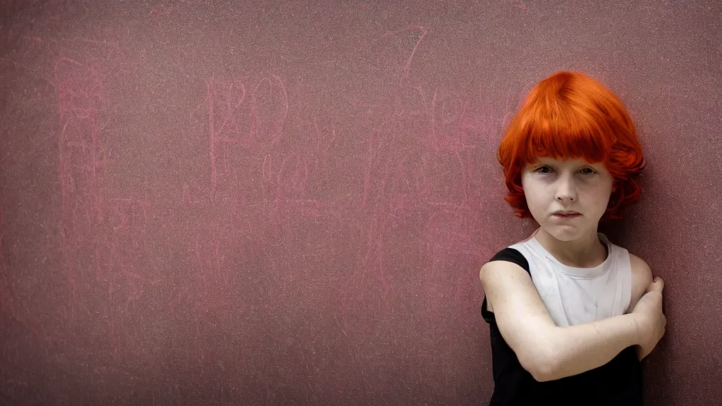 Image similar to colour photograph of a child questioned at the blackboard, red hair, shy, inspired by Gregory Crewdson