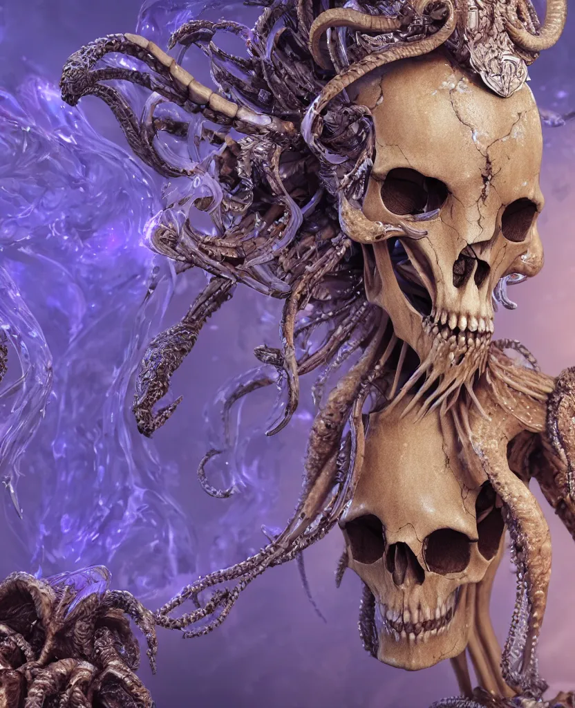 Image similar to close-up macro portrait of the face of a beautiful princess with ram animal skull mask, epic angle and pose, ribcage skeleton symmetrical artwork, 3d with depth of field, blurred background, cybernetic jellyfish female face phoenix bird, translucent, nautilus, energy flows of water and fire. a highly detailed epic cinematic concept art CG render. made in Maya, Blender and Photoshop, octane render, excellent composition, cinematic dystopian brutalist atmosphere, dynamic dramatic cinematic lighting, aesthetic, very inspirational, arthouse. y Greg Rutkowski, Ilya Kuvshinov, WLOP, Stanley Artgerm Lau, Ruan Jia and Fenghua Zhong