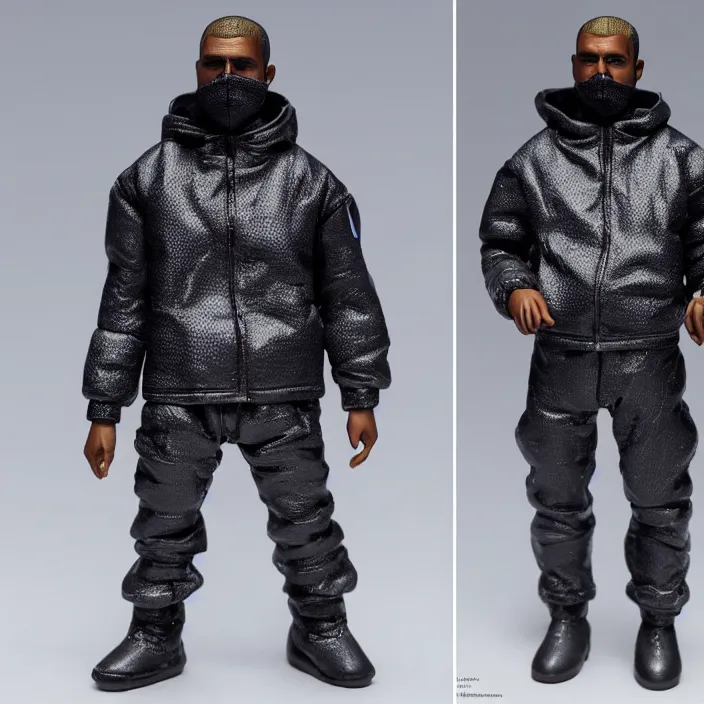 Image similar to a action figure of kanye west using full face - covering black mask with small holes. a small, tight, undersized reflective bright blue round puffer jacket made of nylon. a shirt underneath. jeans pants. a pair of big rubber boots, figurine, detailed product photo, 4 k, realistic, acton figure, studio lighting, professional photo