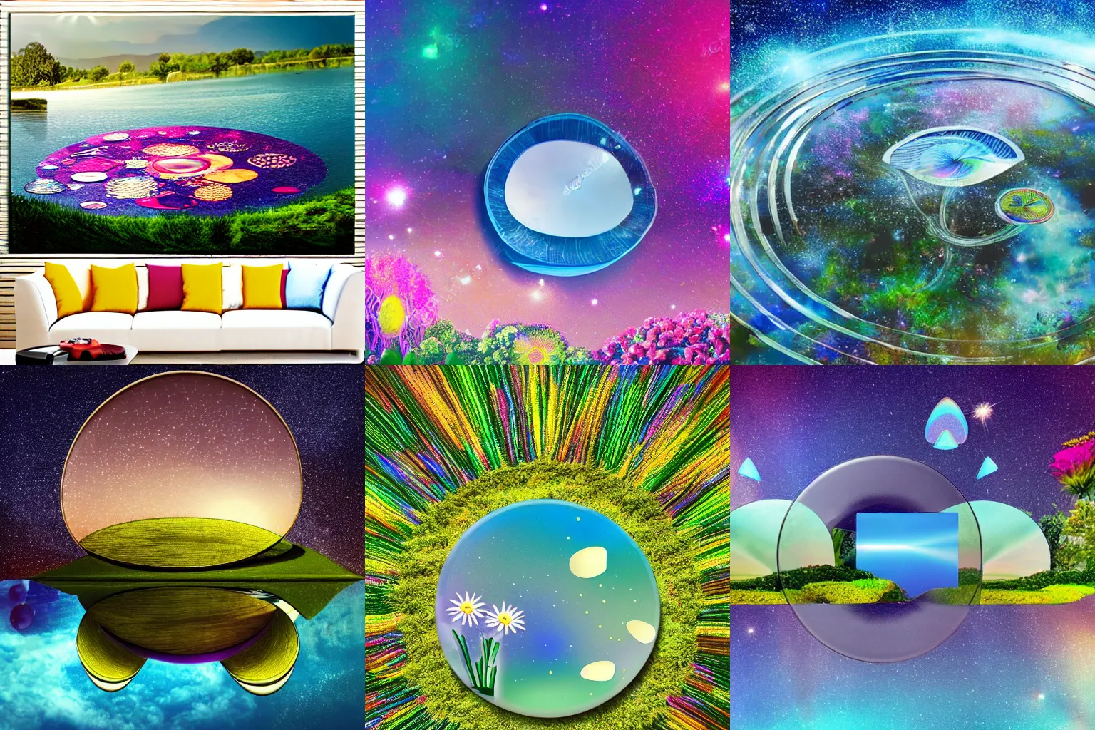 Prompt: disc shaped land with modern architecture, land is floating on water, iridescent flowers with galaxy background