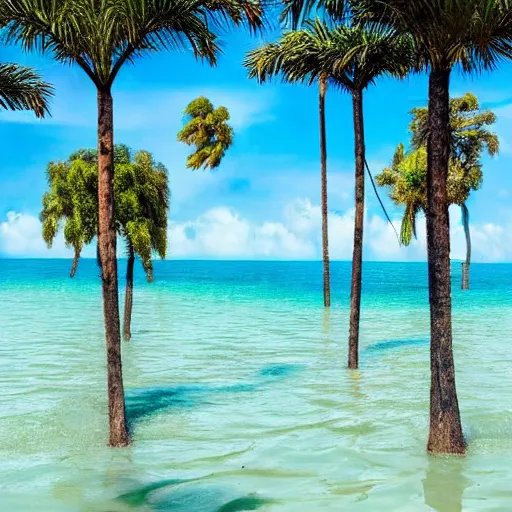 Image similar to corkscrew palm trees, detached trunks floating floating floating in blue sky, random positions floating, flying so we can see the whole trees